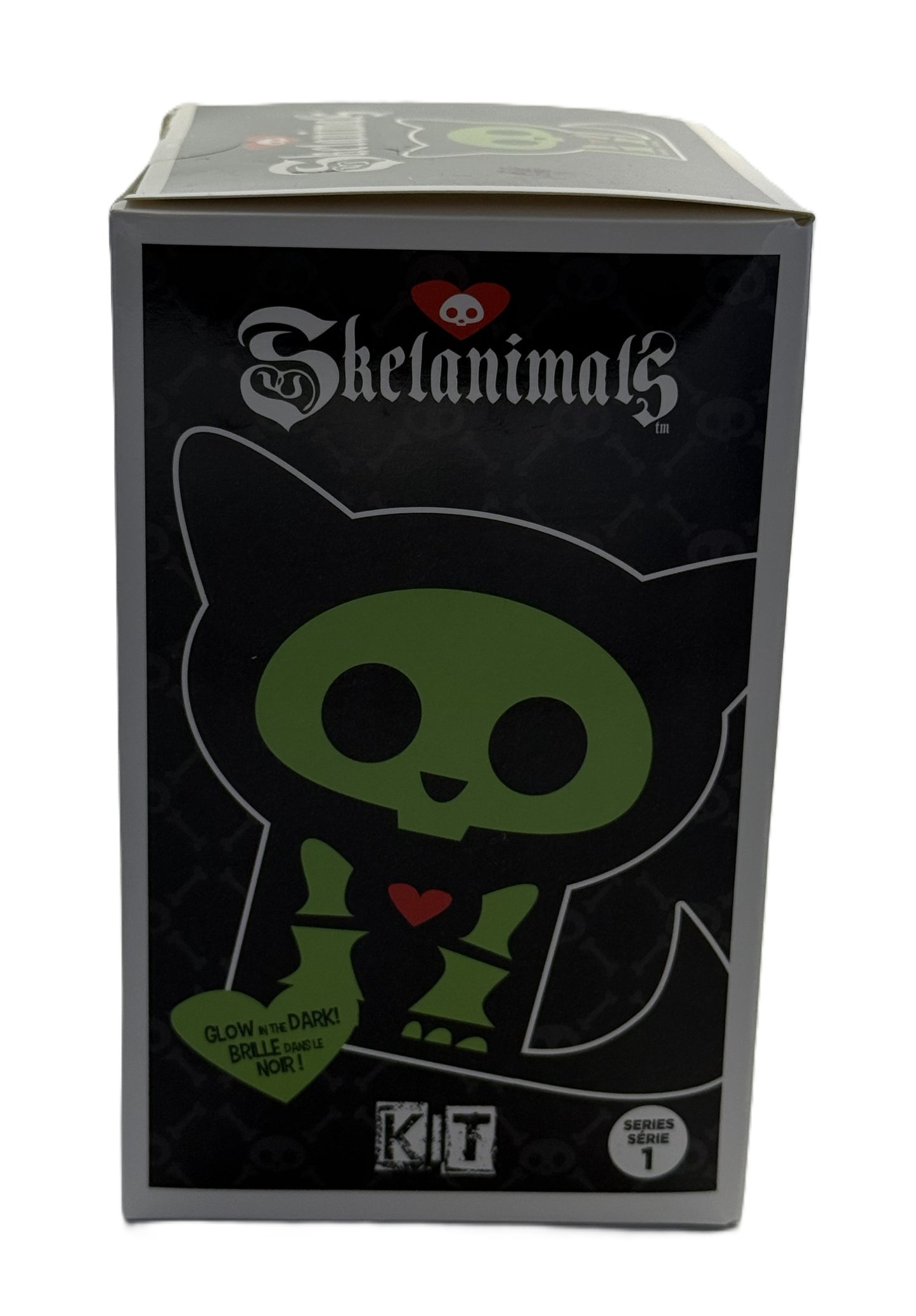 Side view of Skelanimals Kit packaging featuring glow in the dark cat artwork and branding
