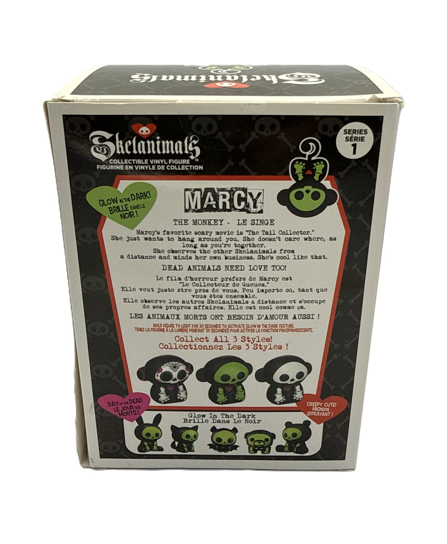 Back of Skelanimals Marcy vinyl figure packaging showing character artwork description and series lineup
