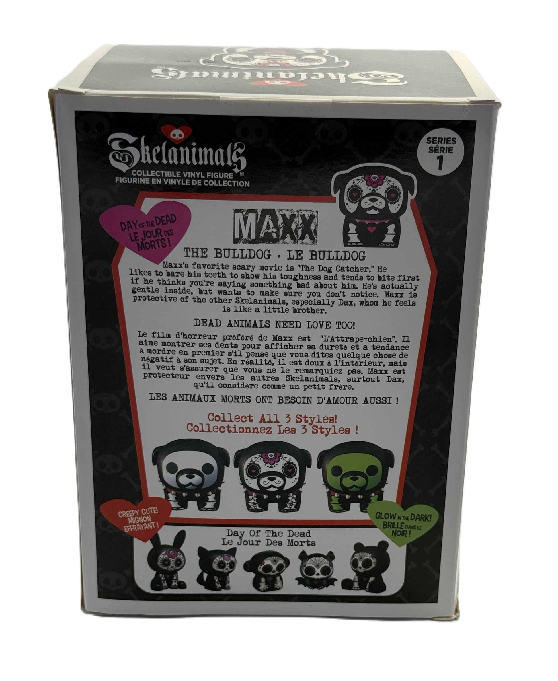 Back of Skelanimals Maxx figure packaging with character description and collection lineup details
