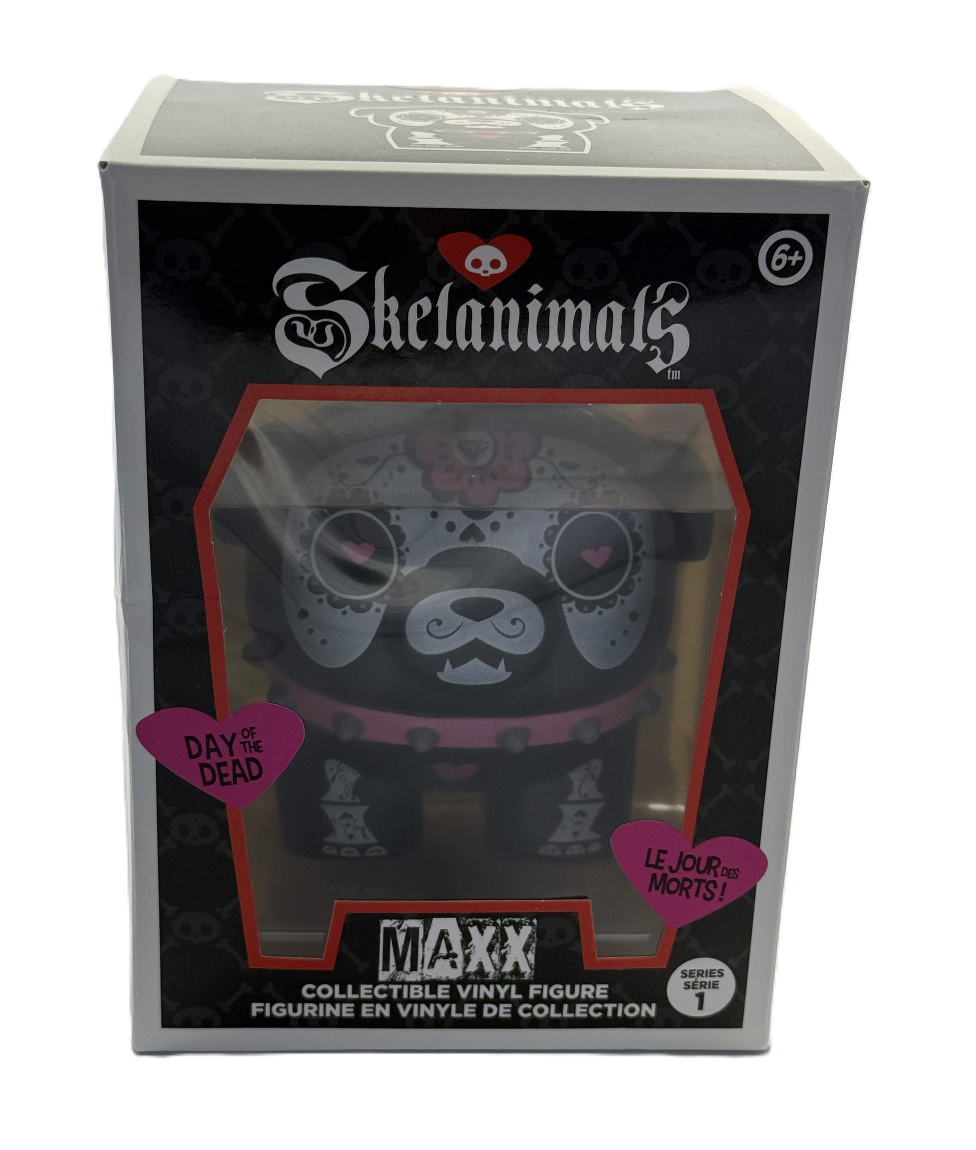 Front view of Skelanimals Maxx vinyl figure packaging showing Day of the Dead bulldog design in window box
