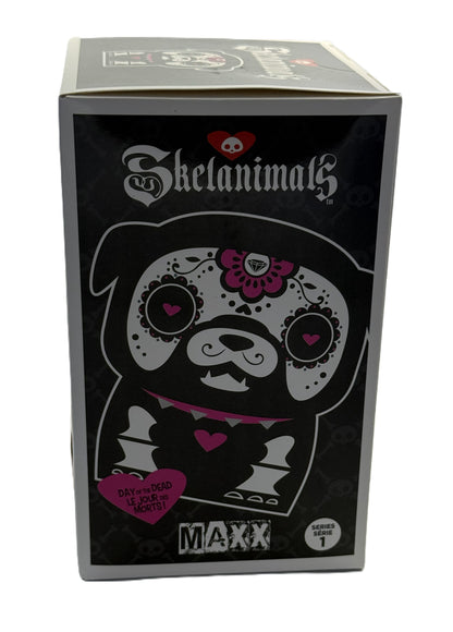 Side view of Skelanimals Maxx packaging featuring stylized bulldog artwork and Day of the Dead theme
