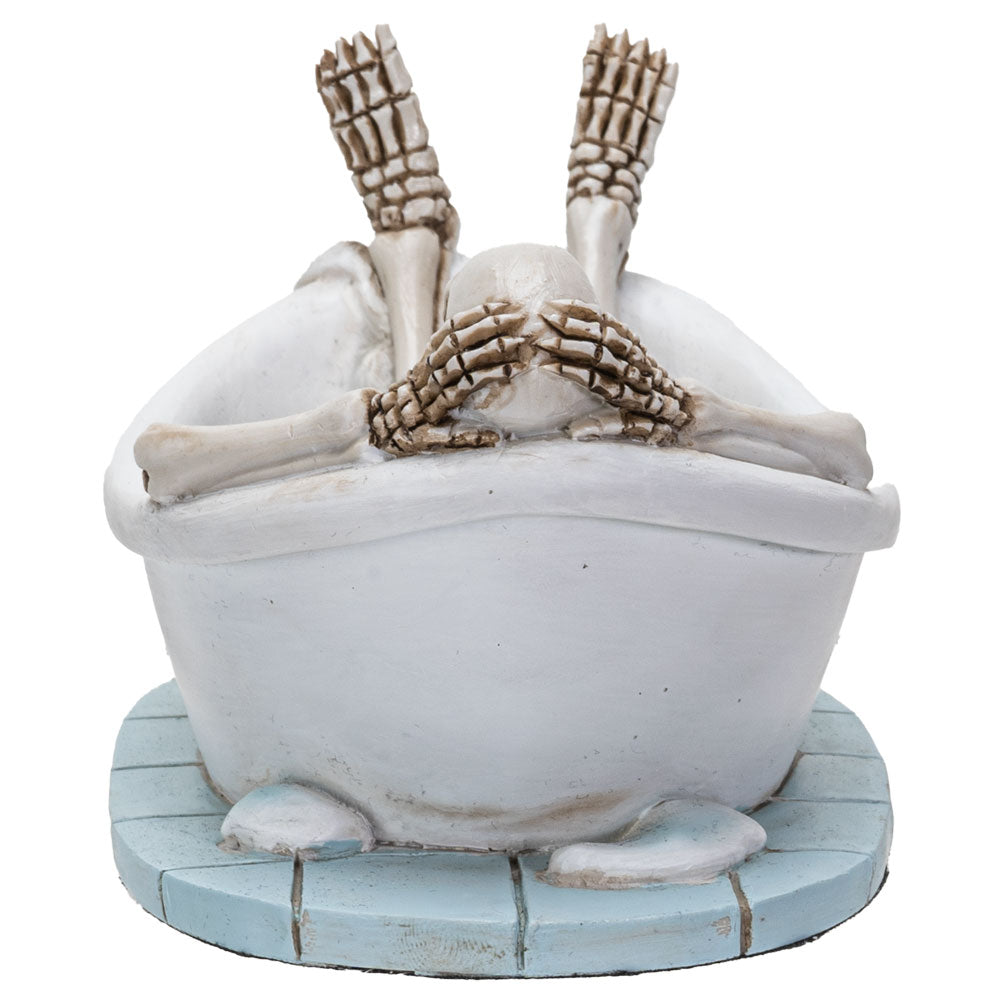 Back view showing skeleton reclining in tub with raised legs and detailed base
