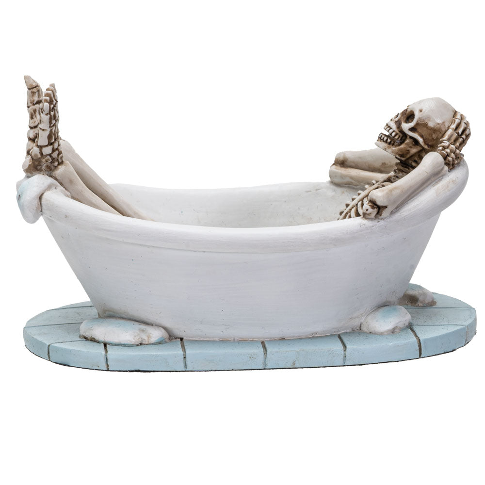 Front view of skeleton lounging in a bathtub with detailed sculpting and aged hand-painted finish
