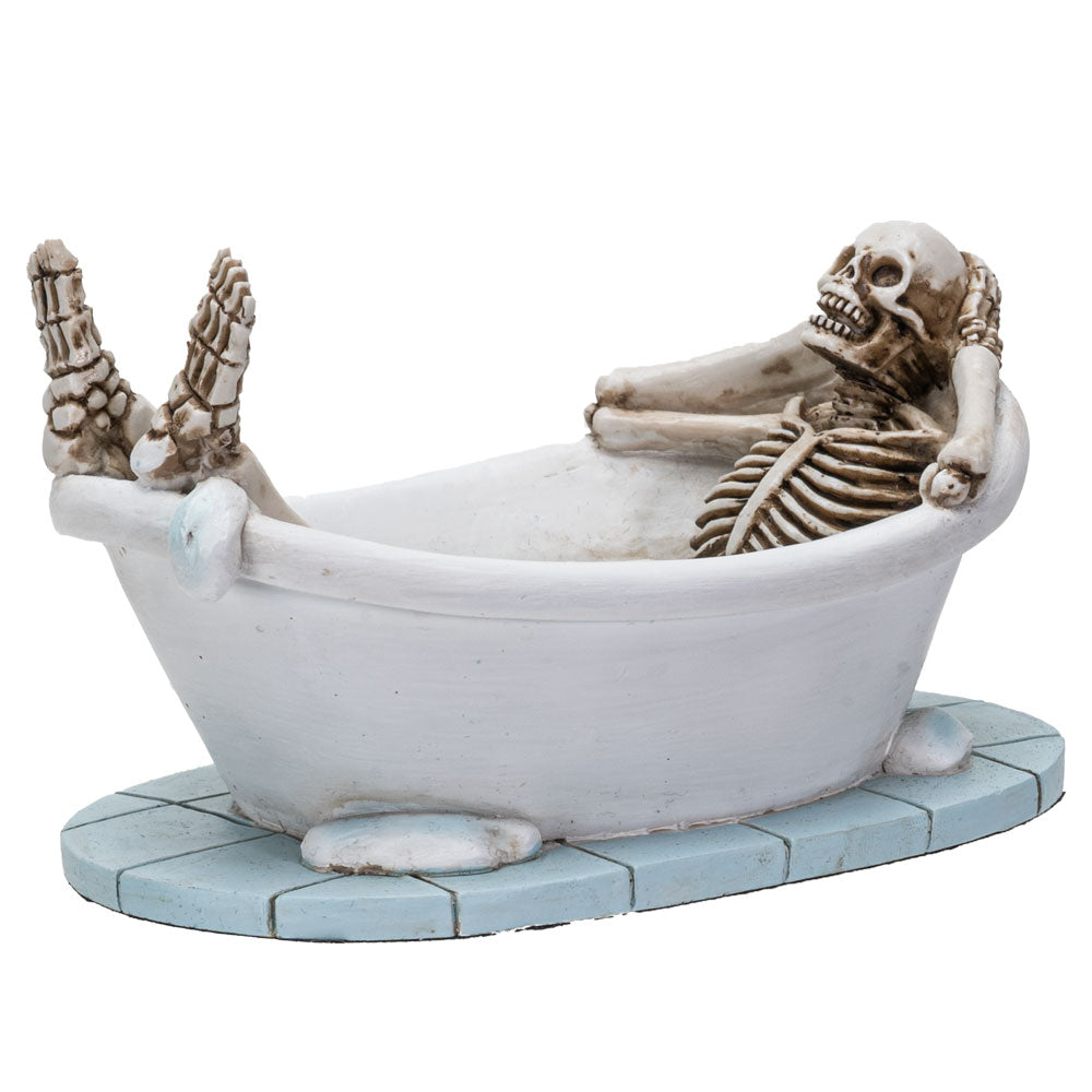 Side angle view highlighting skeleton pose and vintage bathtub design
