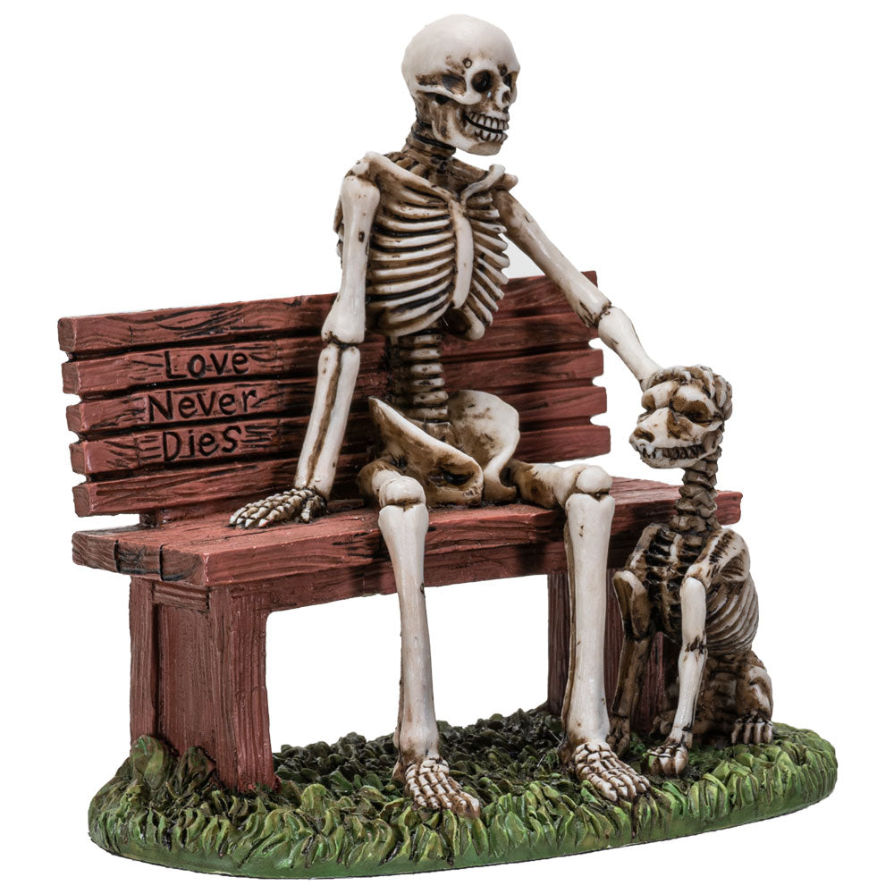 Angled view highlighting skeletal dog companion and detailed bench design
