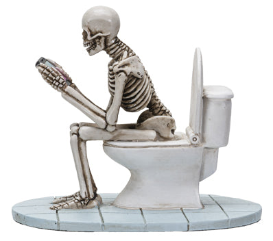 Side view highlighting skeleton pose and detailed toilet design with textured base
