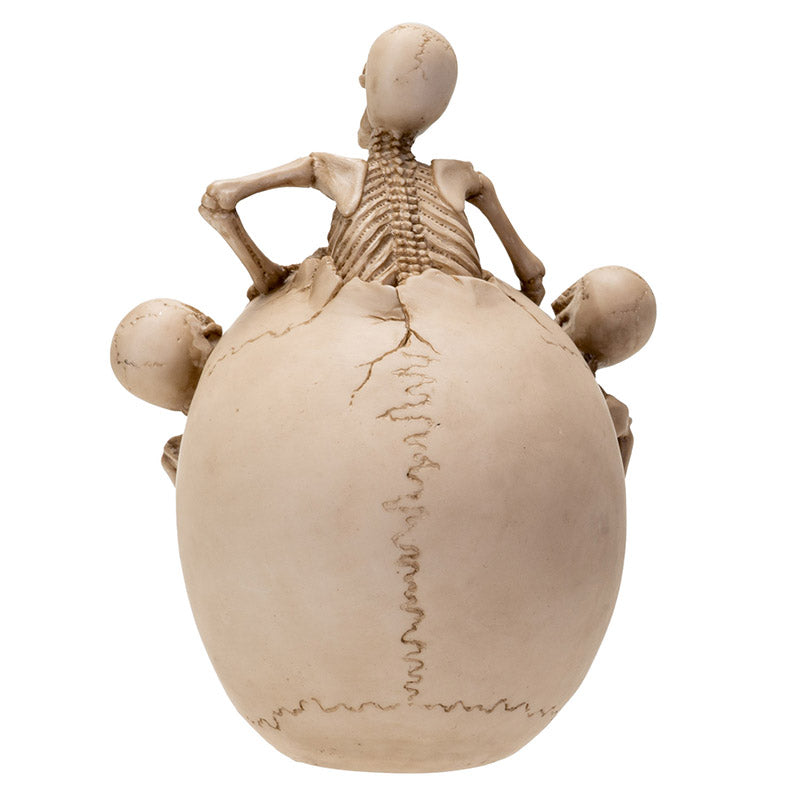 Back view showing skeleton emerging from top with detailed spine and crack textures
