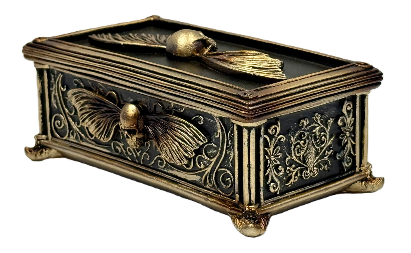 Gothic skull moth trinket box back view with winged skull design
