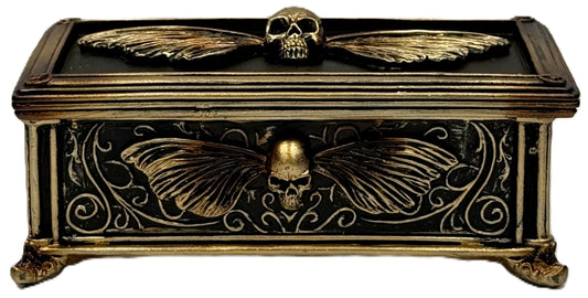 Gothic skull moth trinket box front view with winged skull design
