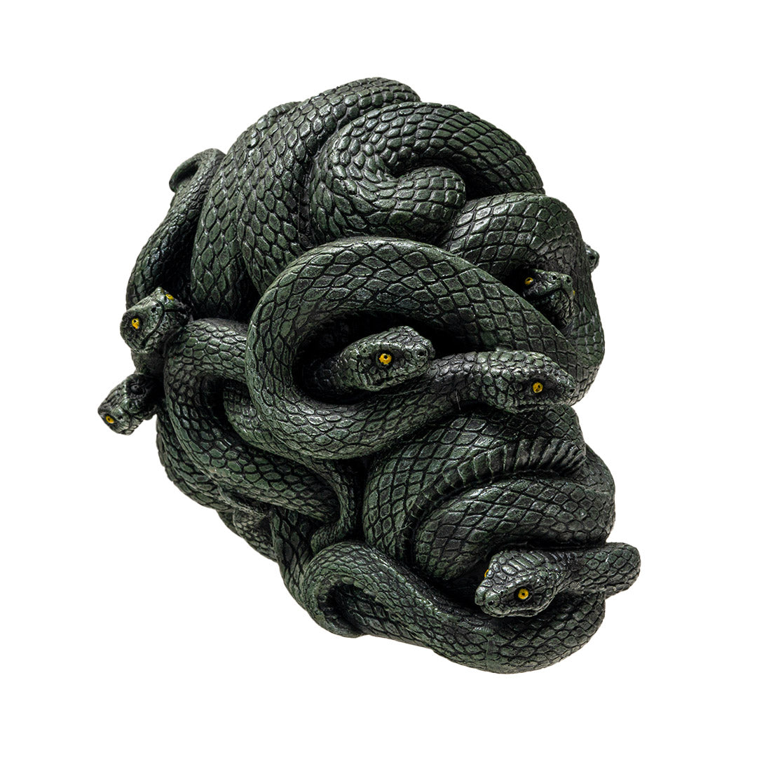 Left angle view of gothic snake skull sculpture with detailed serpent heads
