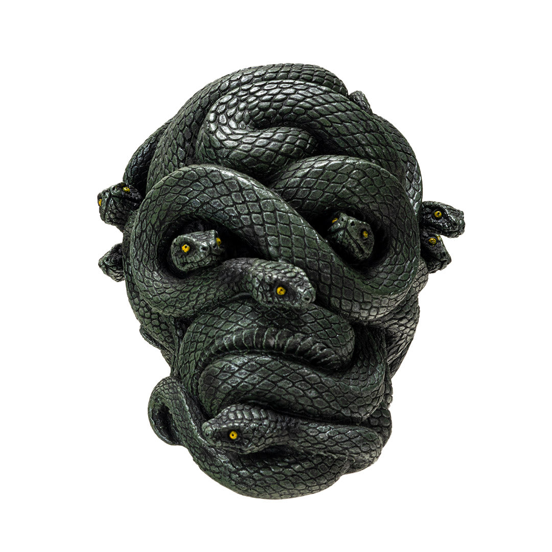 Front view of slithering snake skull resin decor with coiled serpents forming a skull
