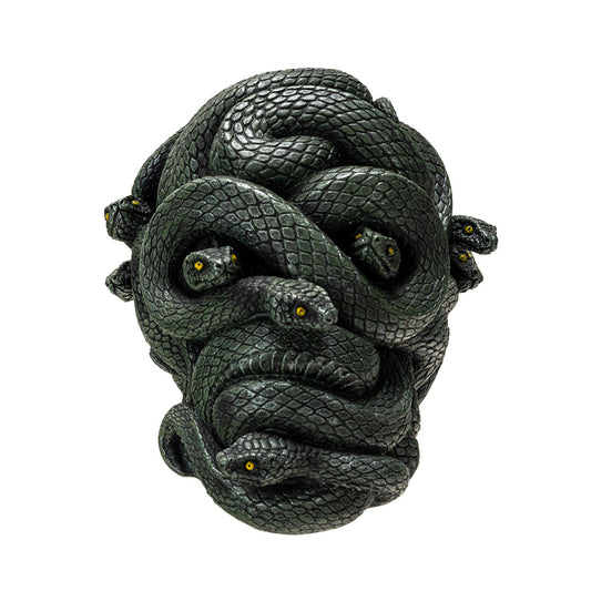 Front view of slithering snake skull resin decor with coiled serpents forming a skull
