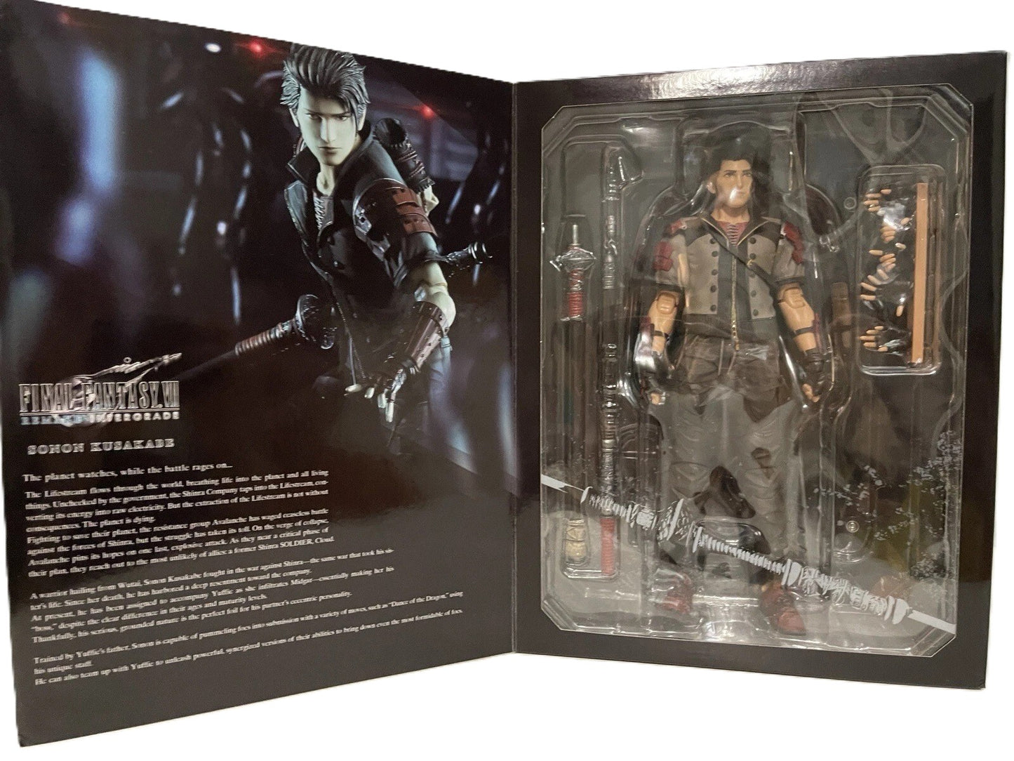 Sonon Kusakabe Play Arts Kai figure inside packaging showing accessories and display tray
