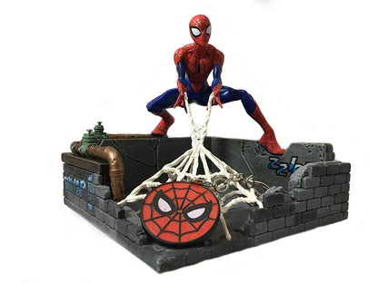 Marvel Spider-Man finders keyper statue holding web over rooftop catch-all tray
