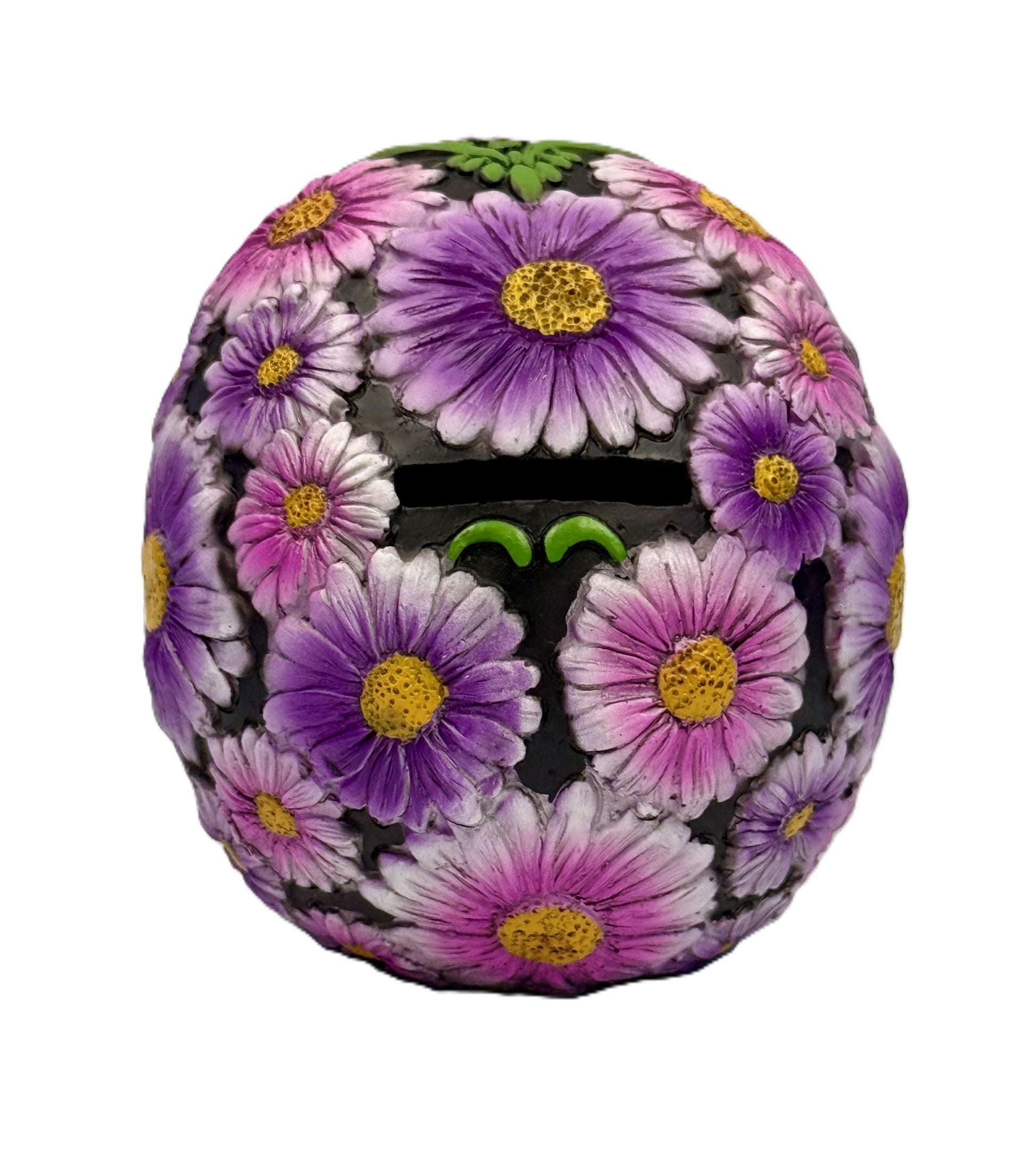 Top view featuring coin slot surrounded by vibrant floral artwork
