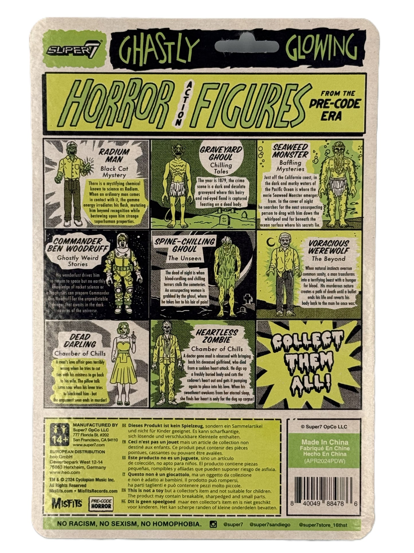 Super7 Chamber of Chills Toxic Glow figure back showing comic-style character lineup and details
