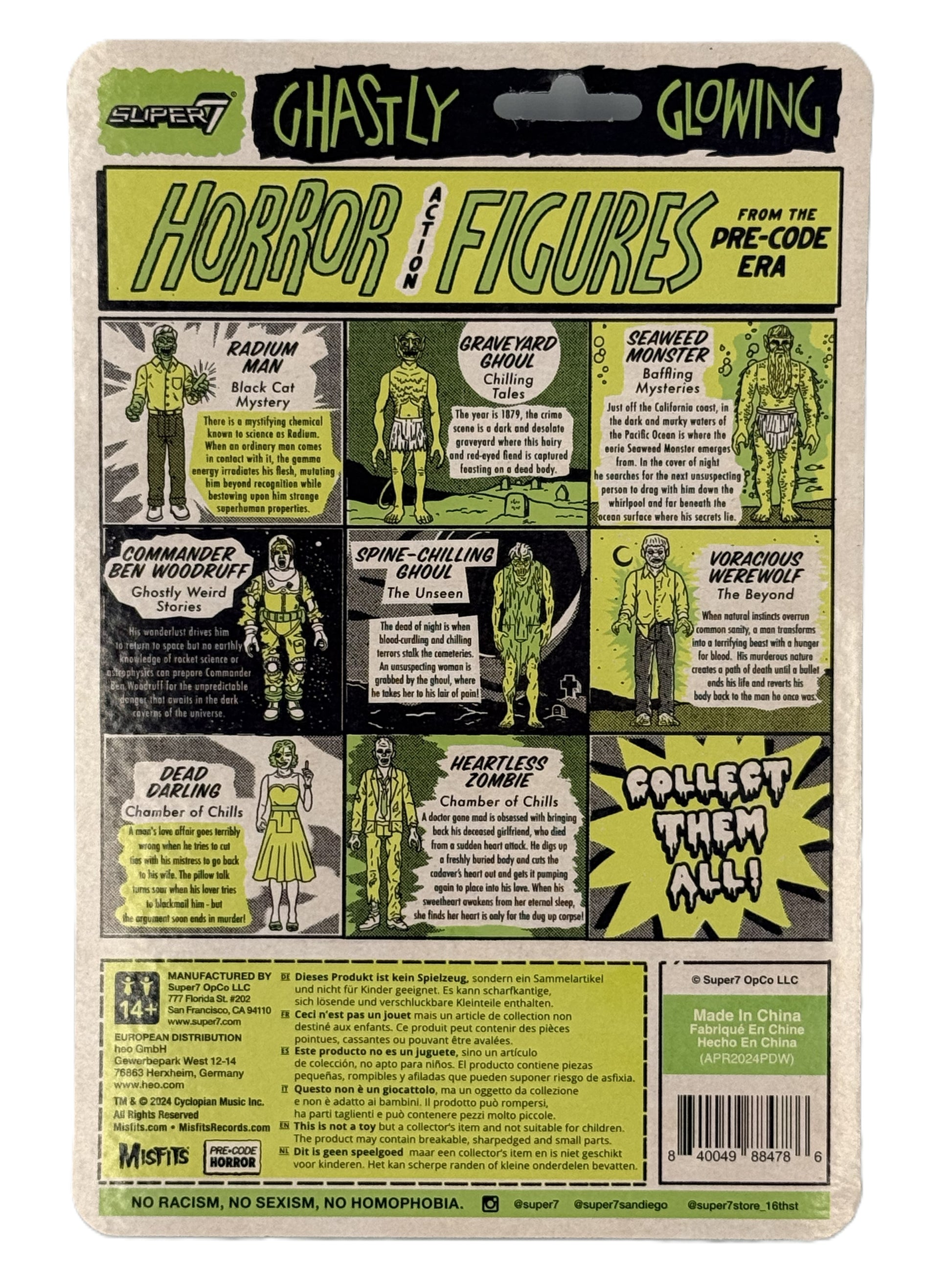 Super7 Chamber of Chills Toxic Glow figure back showing comic-style character lineup and details
