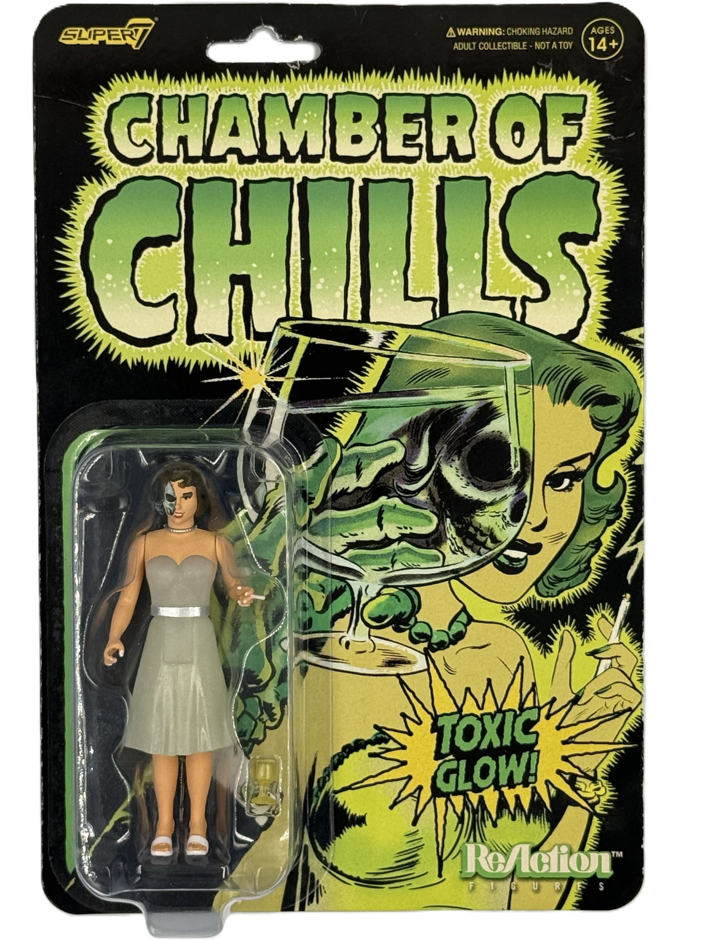 Super7 Chamber of Chills Toxic Glow figure front view in vintage horror comic style packaging
