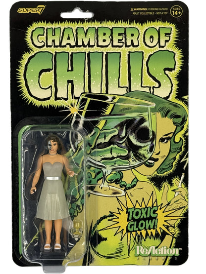 Super7 Chamber of Chills Toxic Glow figure front view in vintage horror comic style packaging
