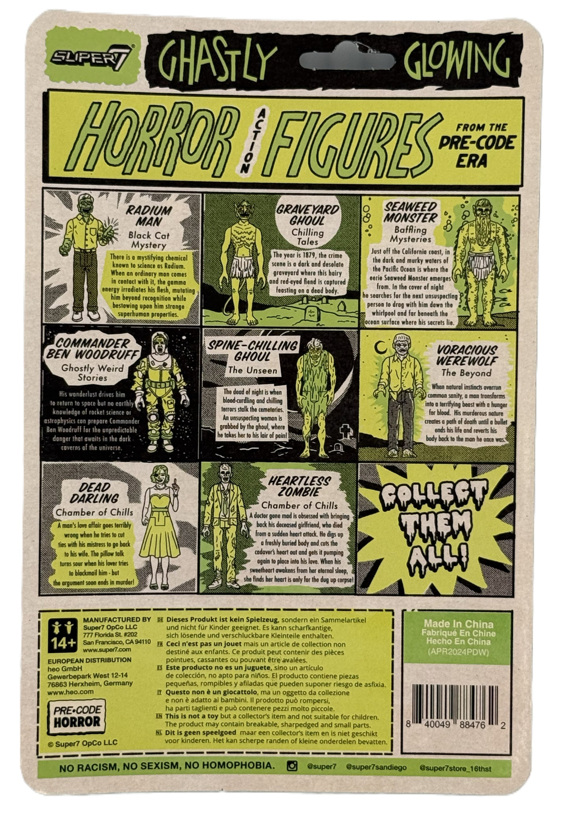 Super7 The Beyond Toxic Glow figure back showing retro comic character lineup and details
