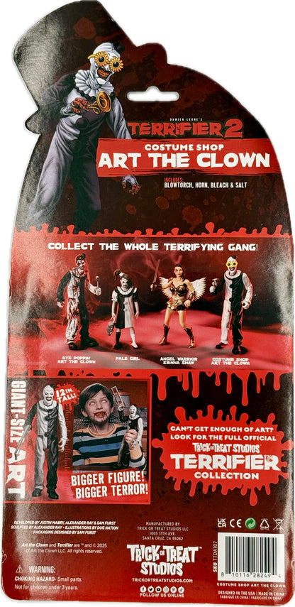 Terrifier 2 costume shop Art the Clown figure packaging back showing accessories and collection lineup