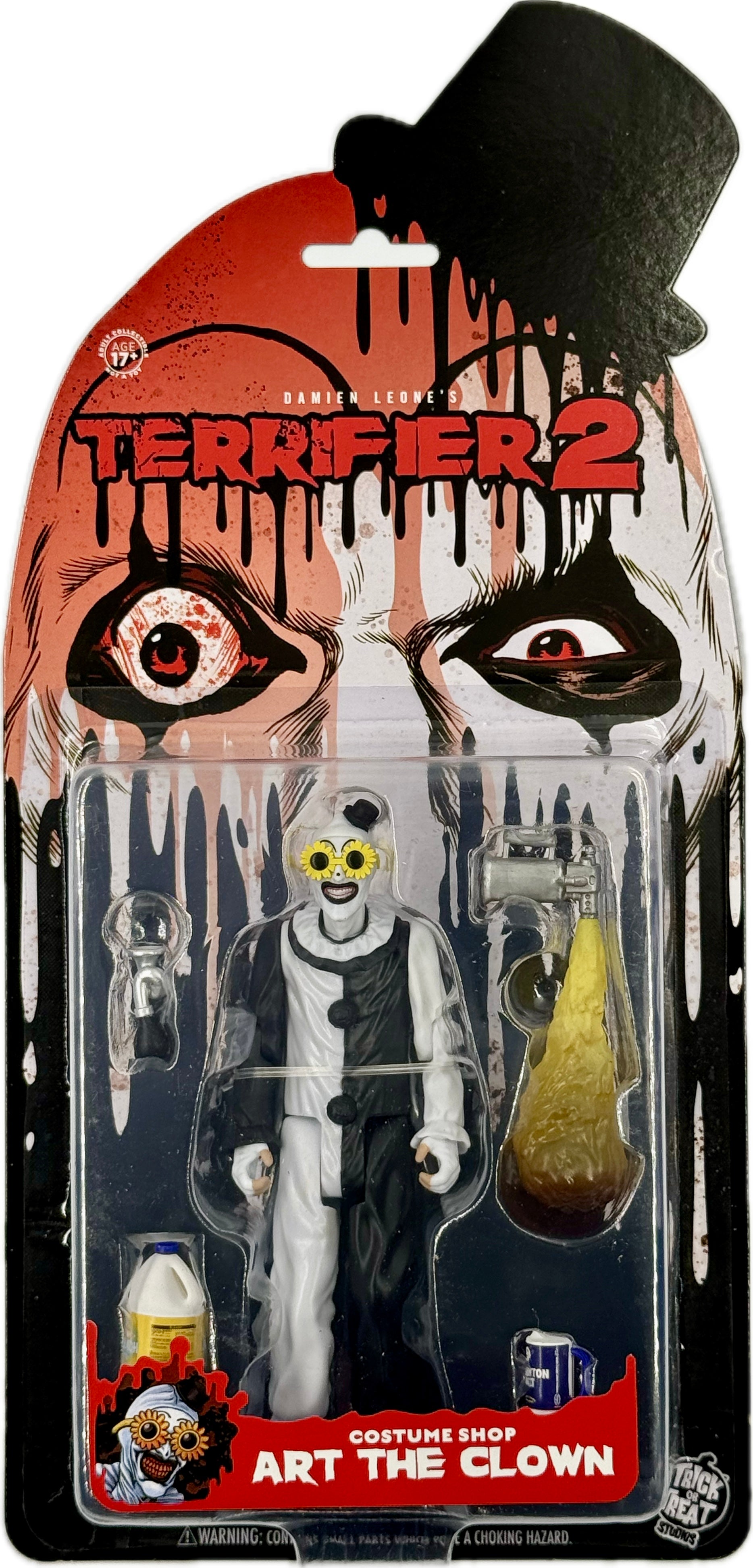 Terrifier 2 costume shop Art the Clown figure with sunflower glasses in packaging horror collectible