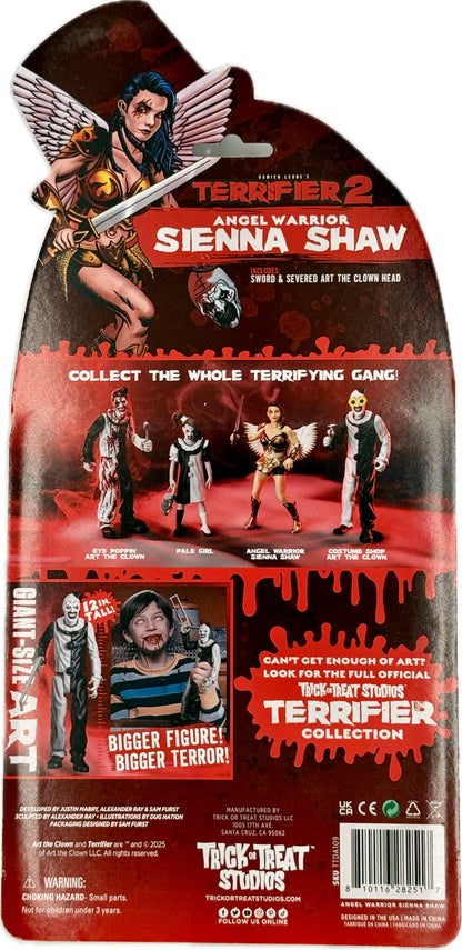 Terrifier 2 Sienna Shaw Angel Warrior figure packaging back showing accessories and collection lineup