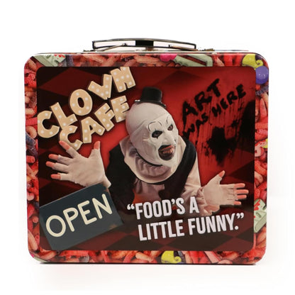 Terrifier lunch box back showing clown cafe artwork and slogan
