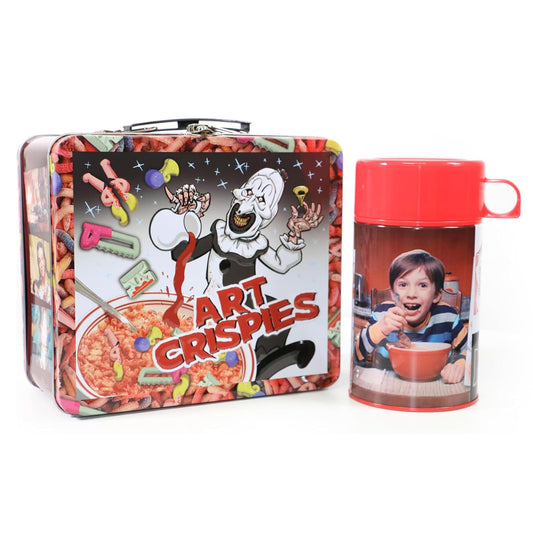 Terrifier Art Crispies tin lunch box front view with beverage container
