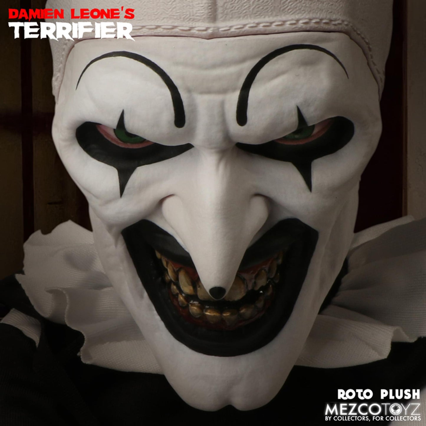 Terrifier Art the Clown close up showing detailed mask and sinister grin