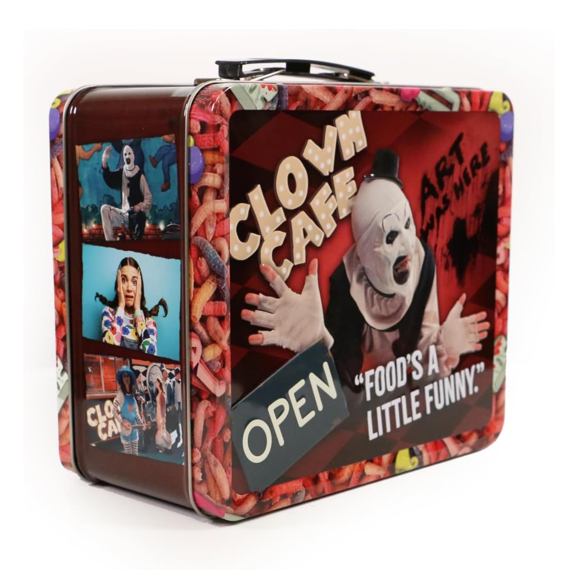 angled view of Terrifier tin lunch box showing side panel artwork
