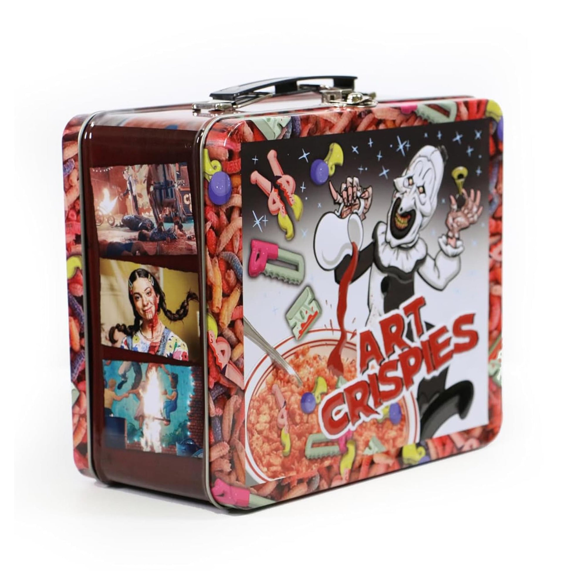 close-up front of Terrifier Art Crispies lunch box design
