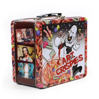 close-up front of Terrifier Art Crispies lunch box design
