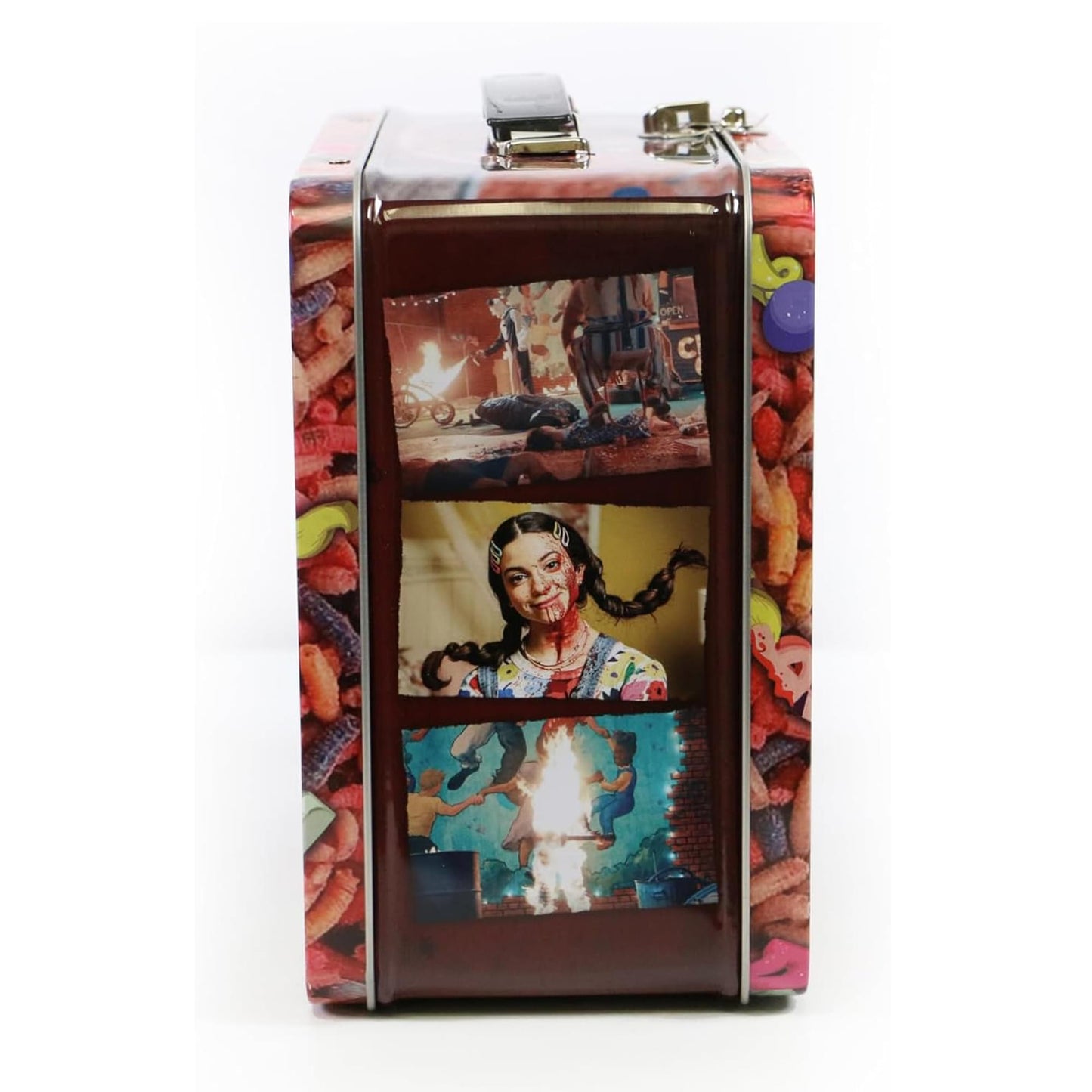 side panel of Terrifier lunch box featuring film scene images
