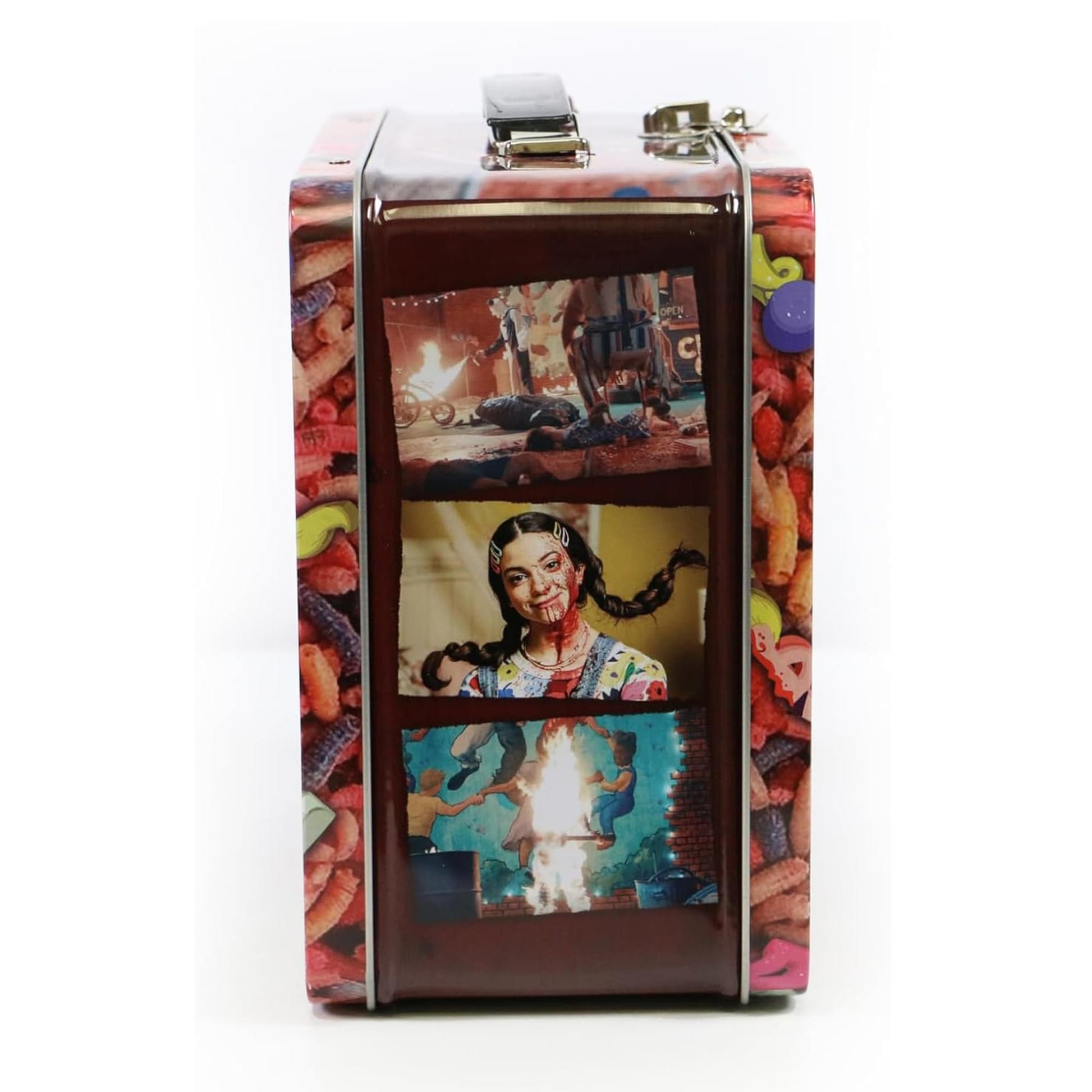 side panel of Terrifier lunch box featuring film scene images
