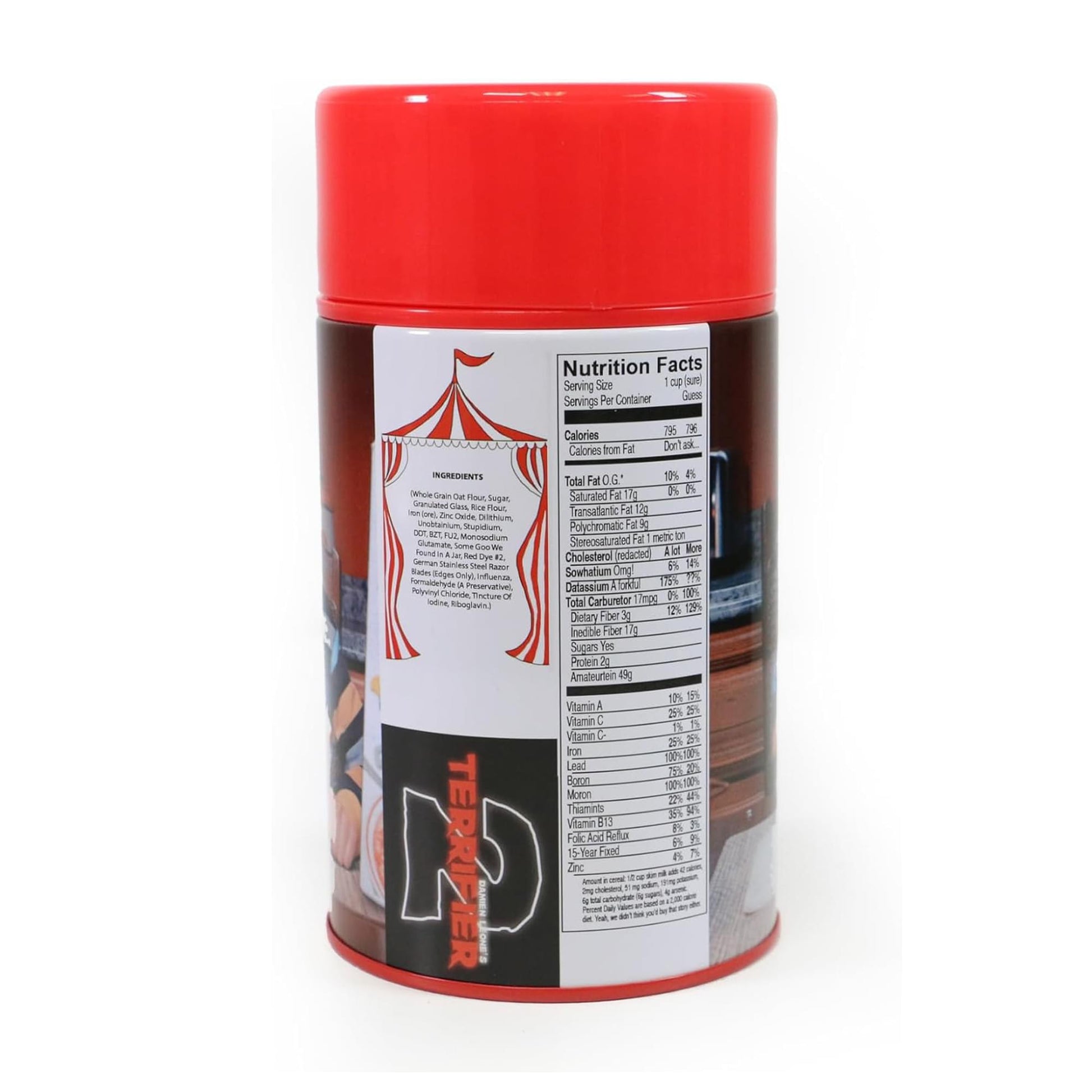 Terrifier beverage container back showing nutrition parody label
