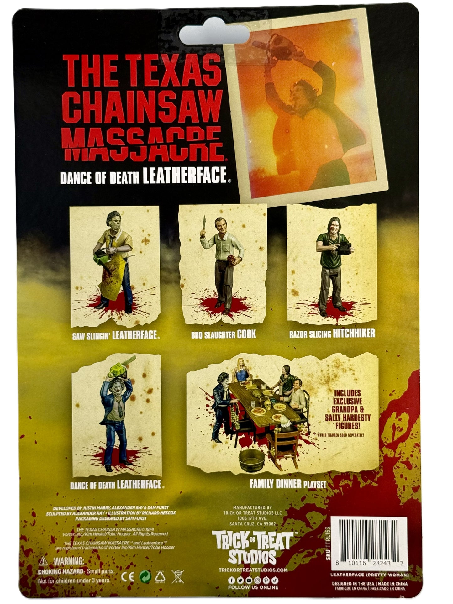 Texas Chainsaw Massacre Dance of Death Leatherface figure packaging back showing collection lineup and accessories