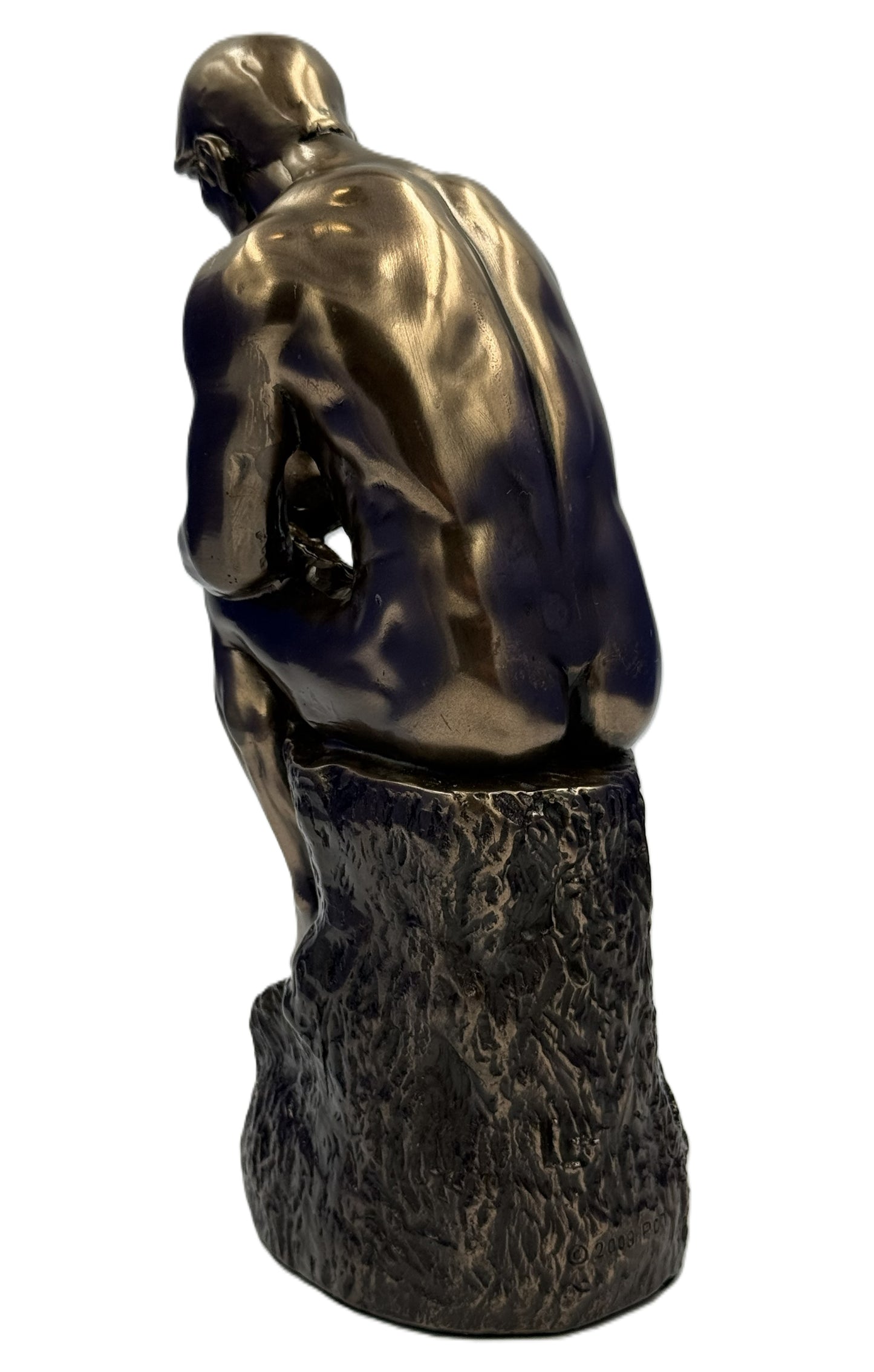 Angled back view of The Thinker sculpture highlighting sculpted textures and classic form
