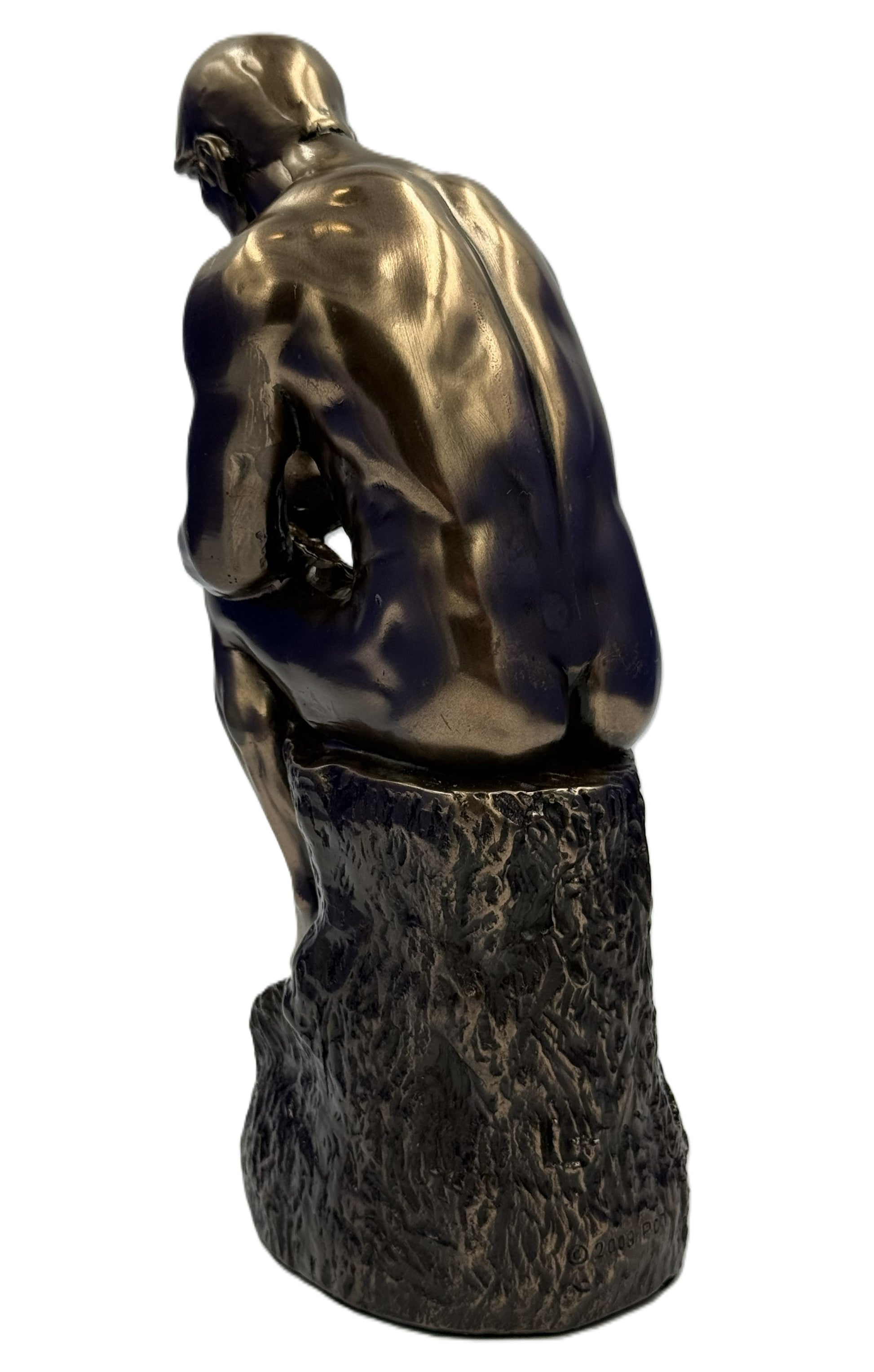 Angled back view of The Thinker sculpture highlighting sculpted textures and classic form
