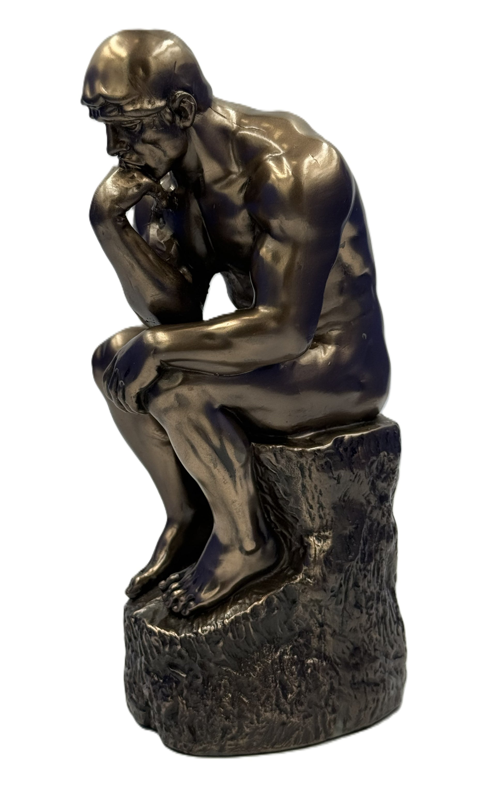 Front side view of The Thinker statue in cold cast bronze showing classic contemplative pose and detailed musculature
