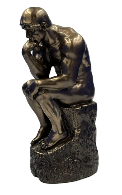 Front side view of The Thinker statue in cold cast bronze showing classic contemplative pose and detailed musculature
