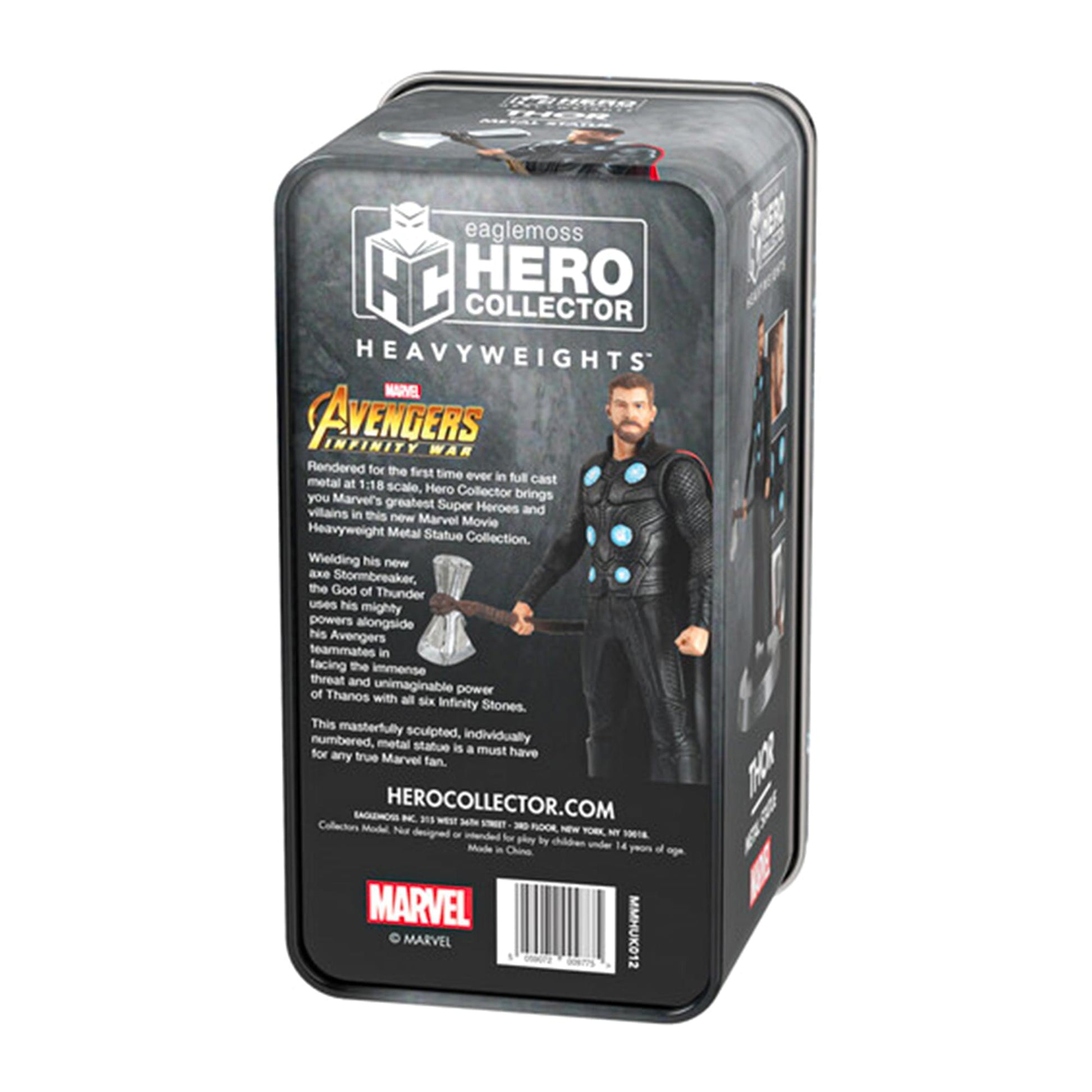 back of Thor heavyweights collector tin showing product details and Marvel branding
