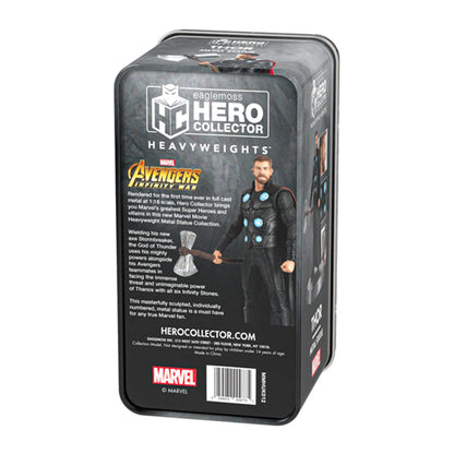 back of Thor heavyweights collector tin showing product details and Marvel branding
