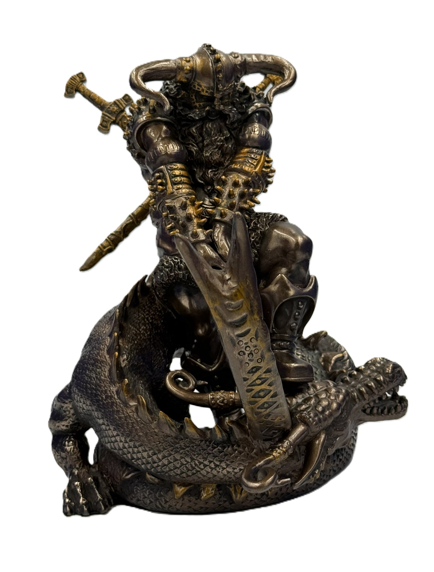 Close front view of Thor statue with spiked armor, horned helmet, and dragon beneath in detailed bronze collectible
