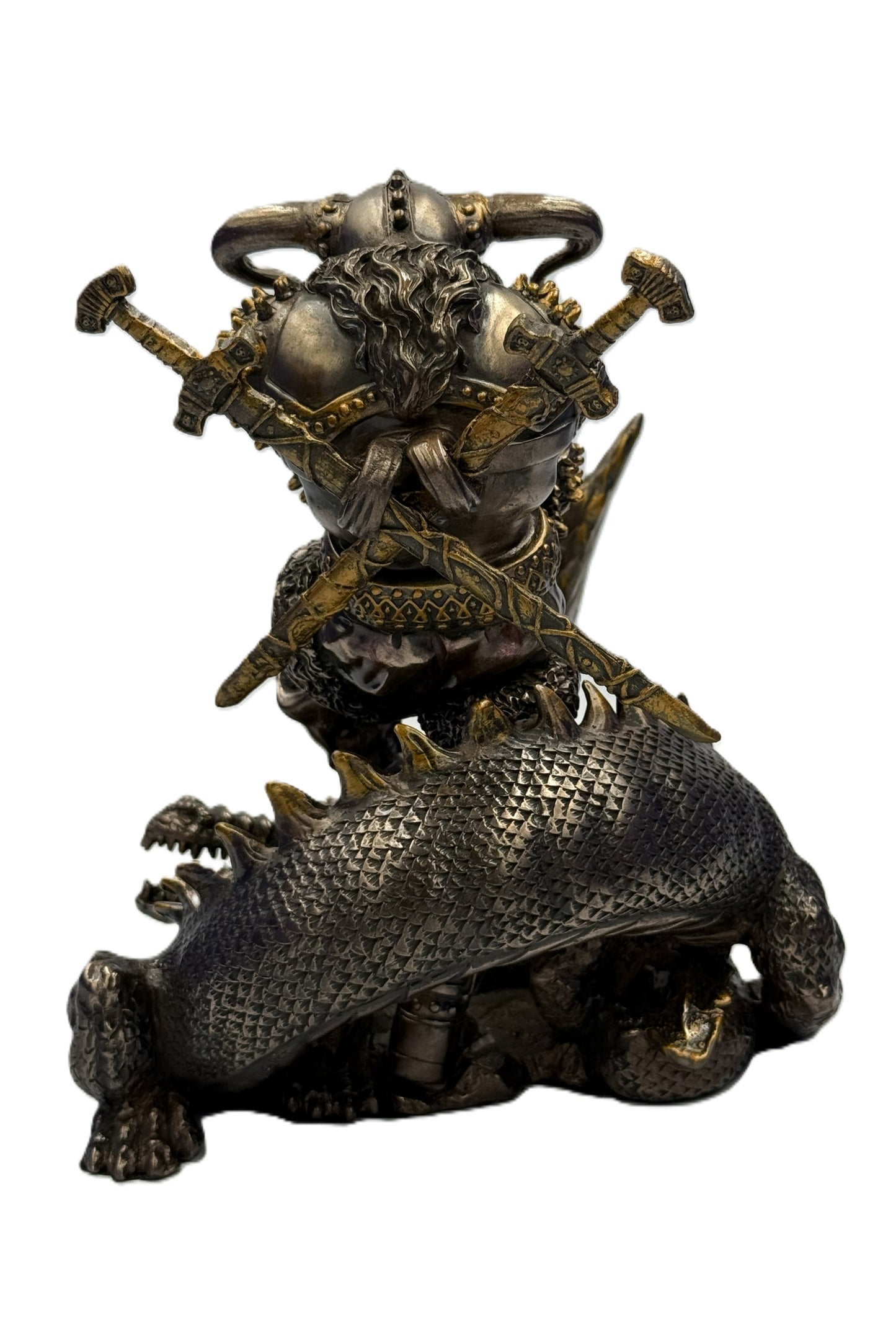 Rear view of Norse god Thor statue highlighting dual swords, horned helmet, and dragon wrapped base in bronze finish
