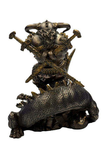 Rear view of Norse god Thor statue highlighting dual swords, horned helmet, and dragon wrapped base in bronze finish

