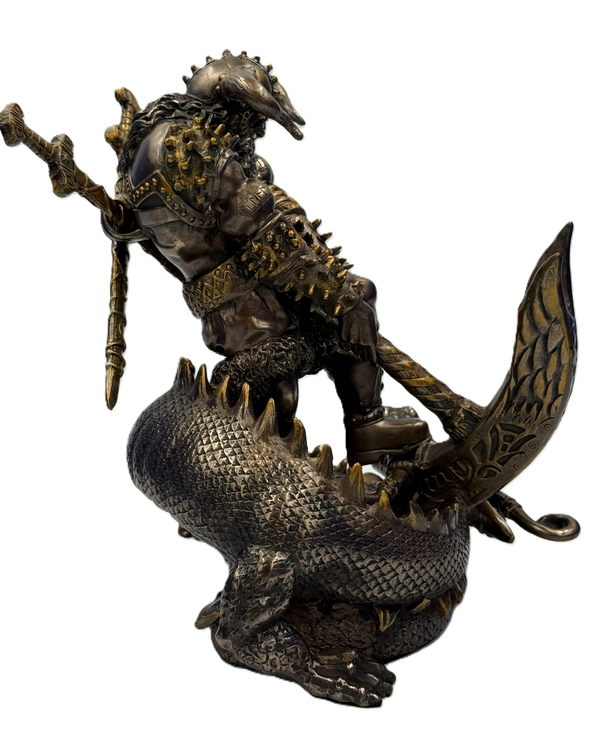 Side view of Viking Thor statue standing on dragon with sword and shield details in antique bronze cold cast finish
