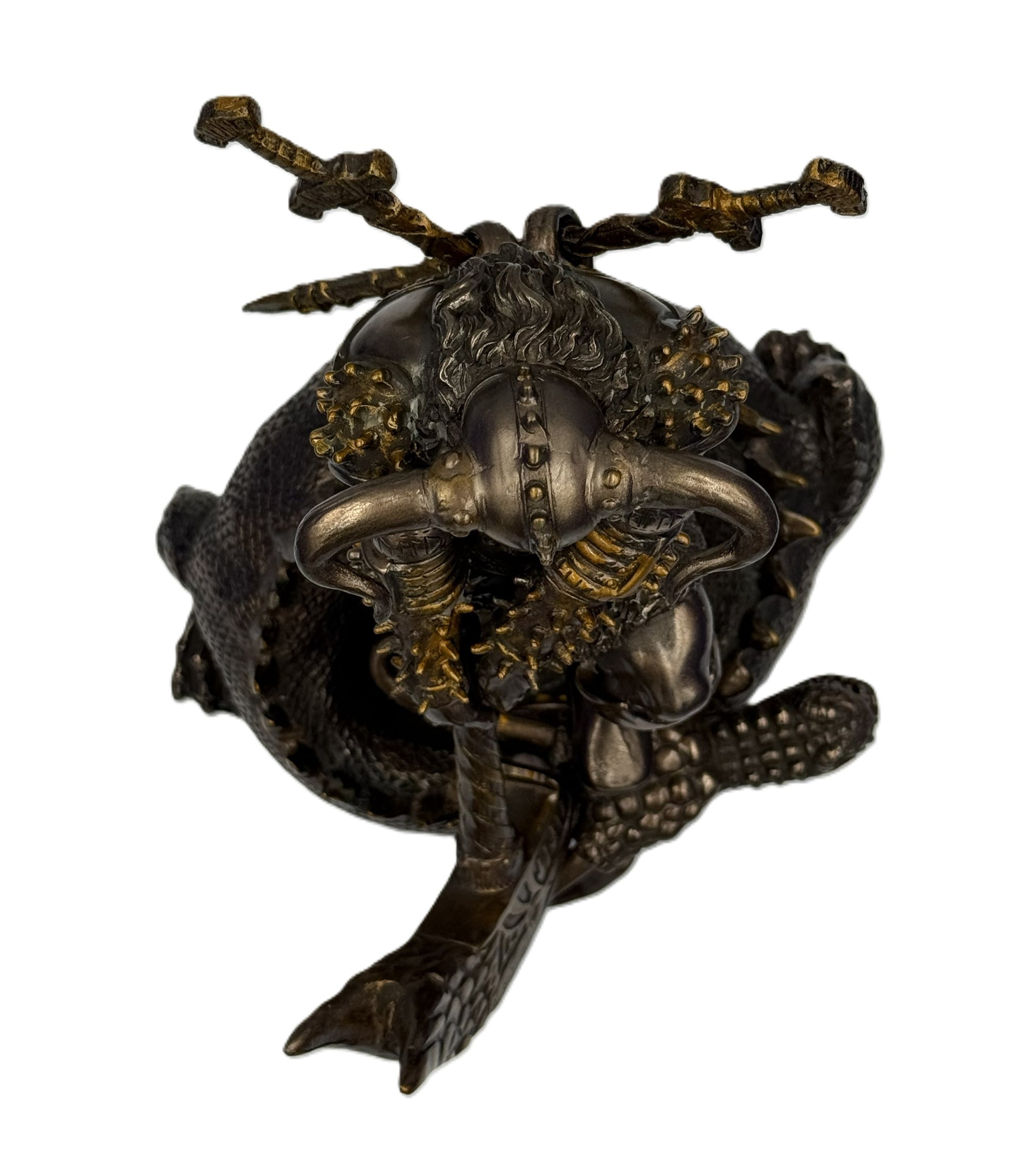 Top view of Thor Norse god statue showing helmet, armor spikes, and dragon base in cold cast bronze finish
