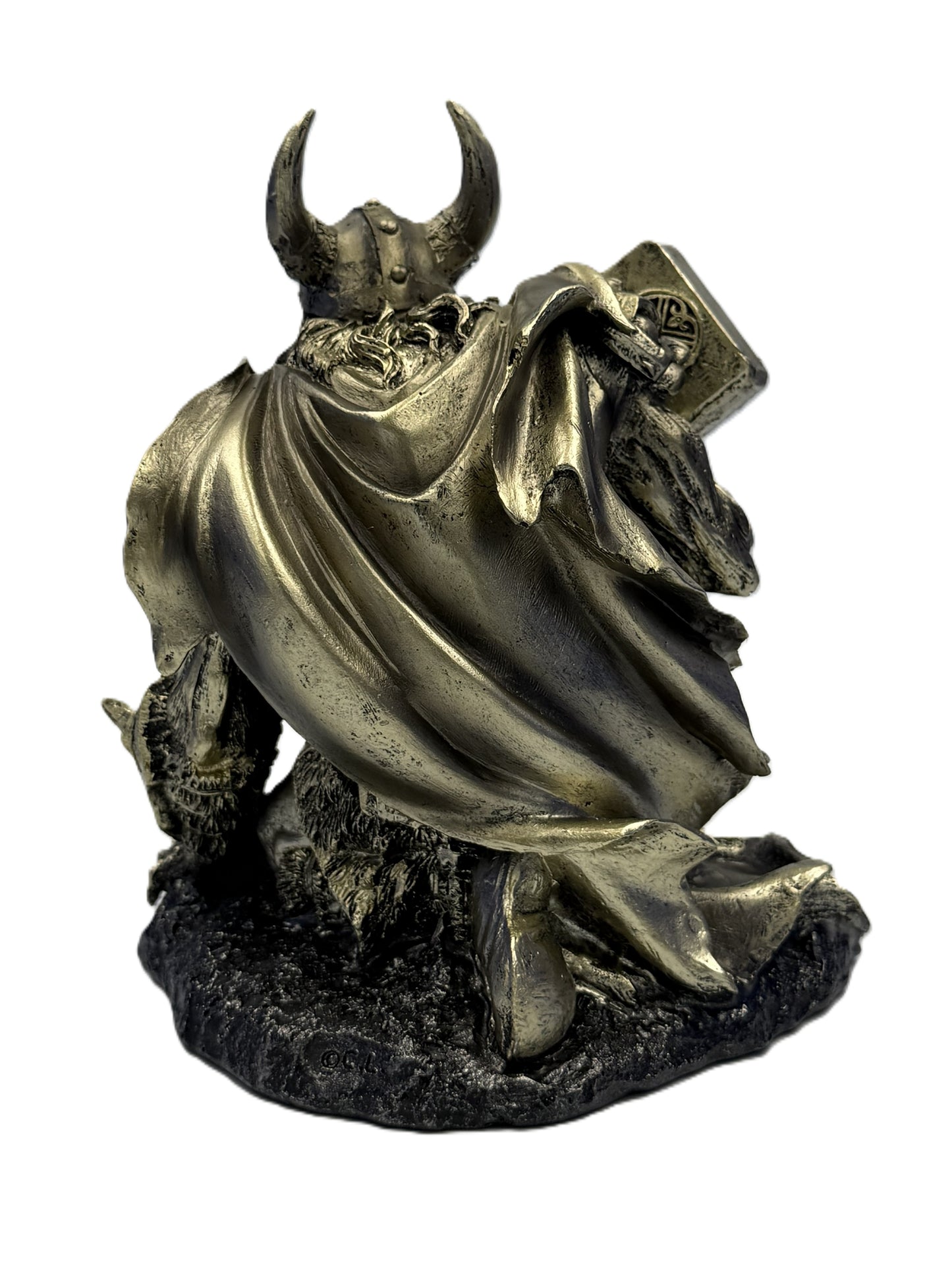 Rear view of Thor sculpture showing flowing cape texture and detailed armor in antique bronze finish
