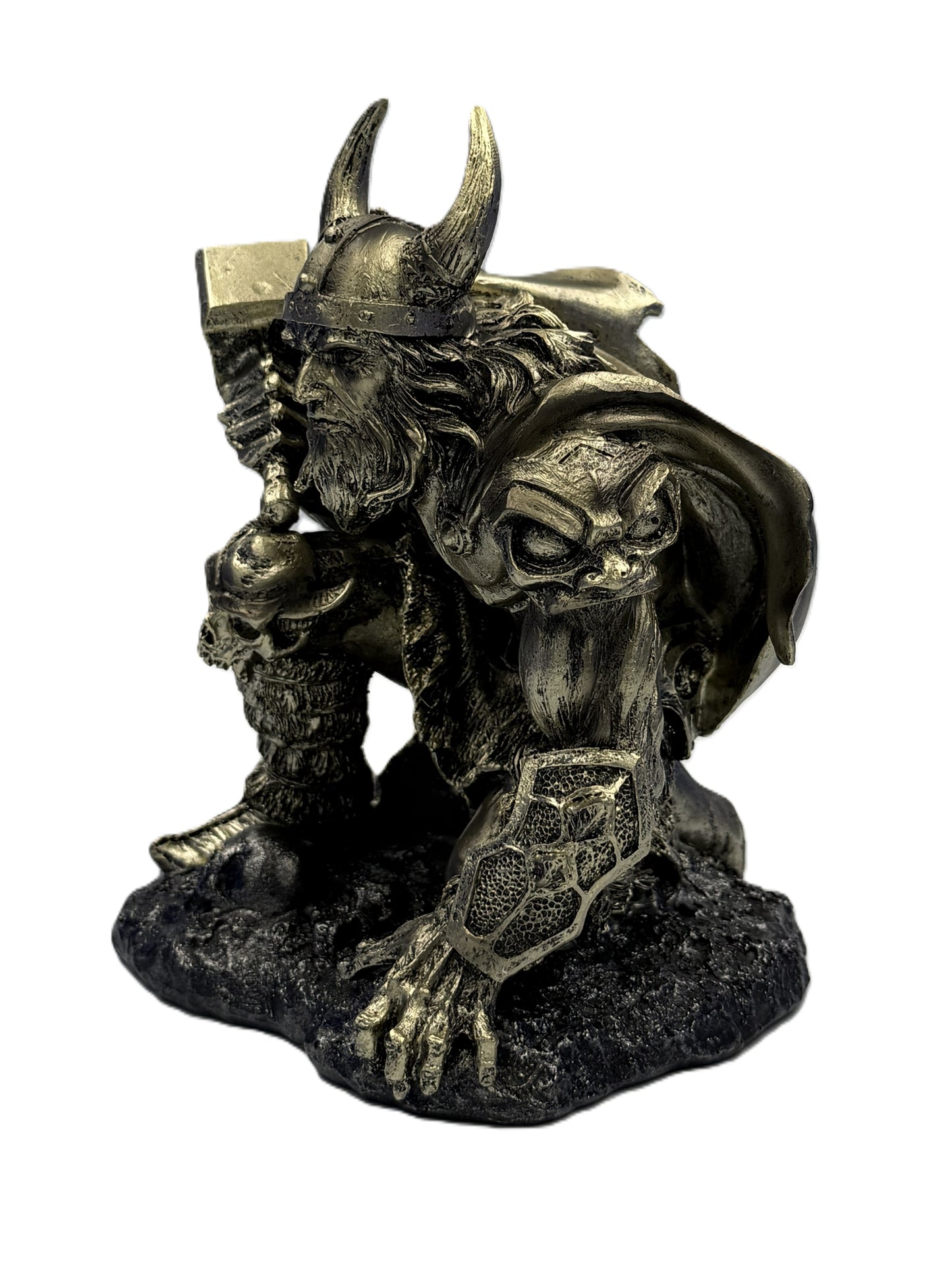 Front angled view of Thor statue holding hammer with detailed Viking helmet armor and cold cast bronze finish
